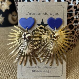 Boucle puce coeur résine bleue coeur soleil acier inoxydable doré
