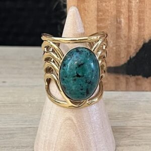 Bague acier inoxydable dorée pierre naturelle verte foncée