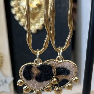 Boucle d&rsquo;oreille acier doré breloque léopard à poil