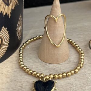 Bracelet perle Inox dorée coeur émaillé noir
