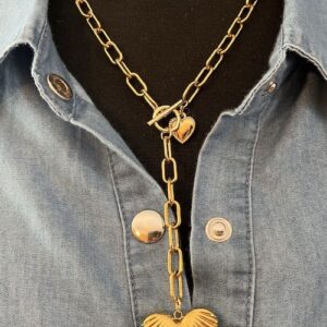 Collier chaine grosse maille acier inox doré thème coeur