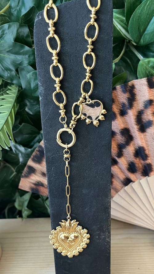 Collier chaine grosse maille coeur léopard ex voto