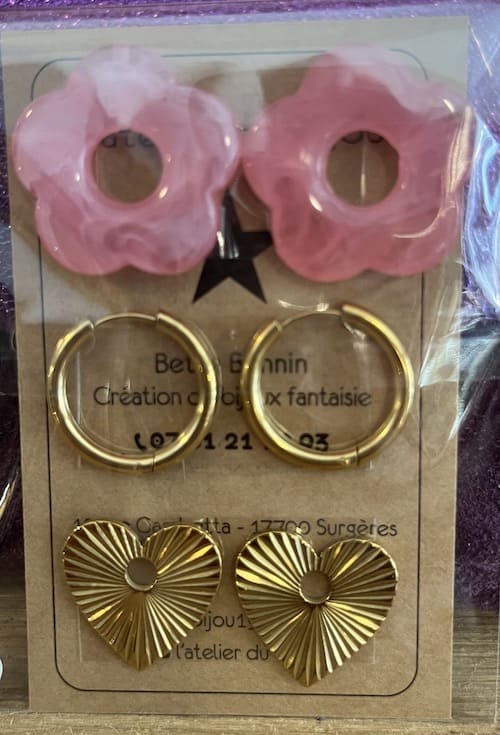 Boucle d'oreille interchangeable fleur rose et coeur doré